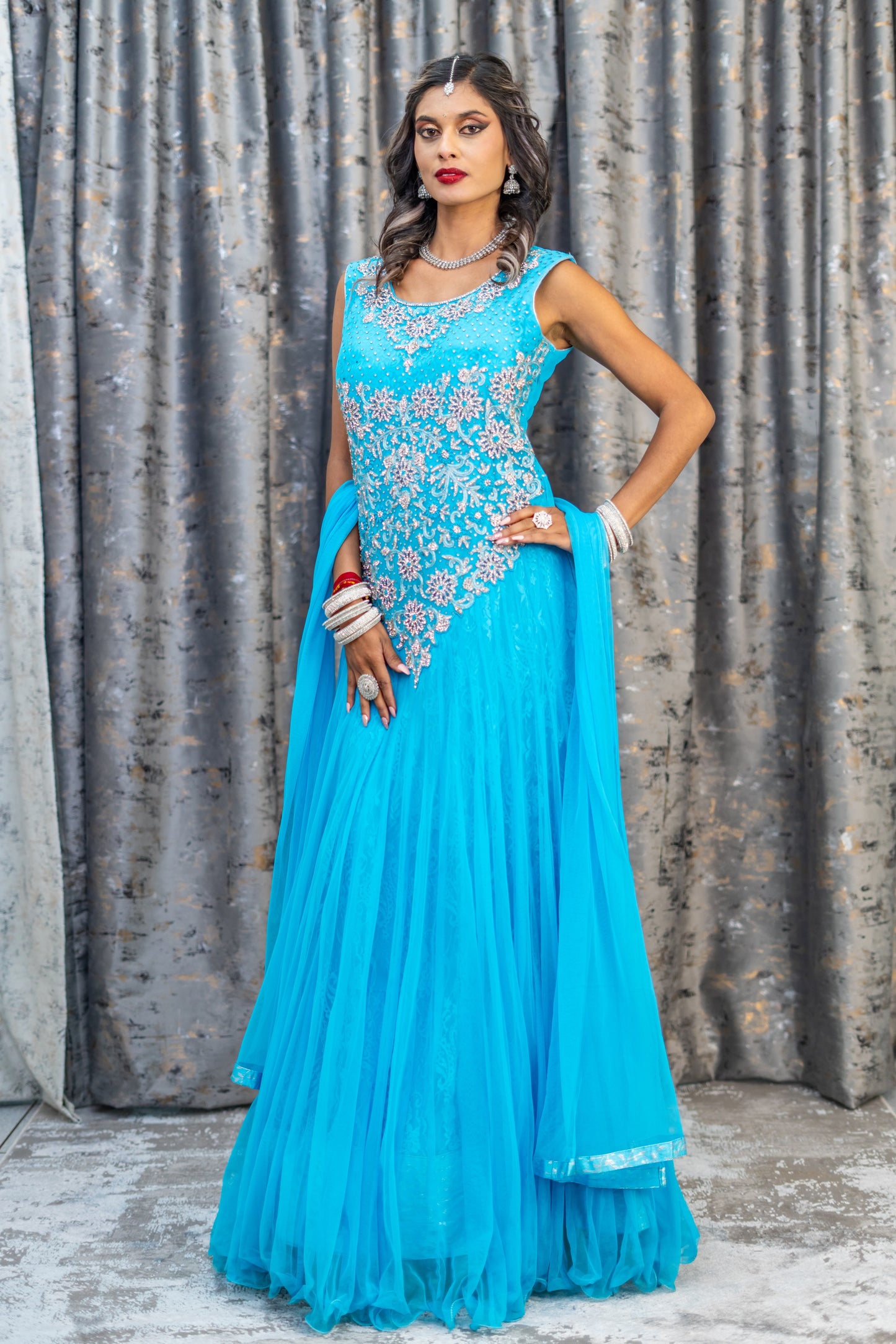 Blue Net Punjabi Set with Silver Swarovski Stone Work