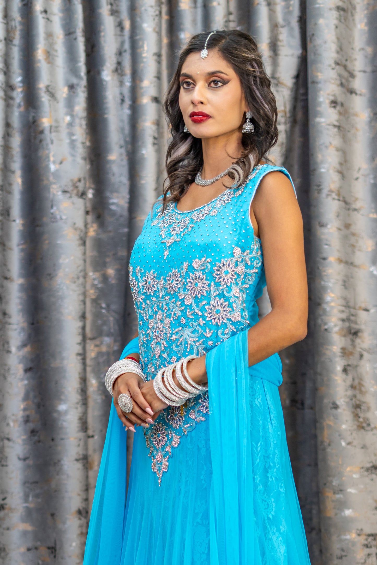Blue Net Punjabi Set with Silver Swarovski Stone Work