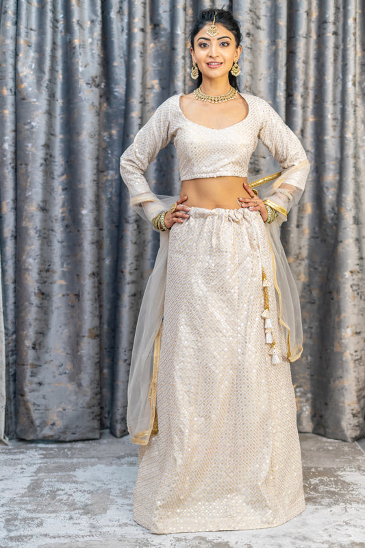 White Cotton Lehenga Set with Embroidery