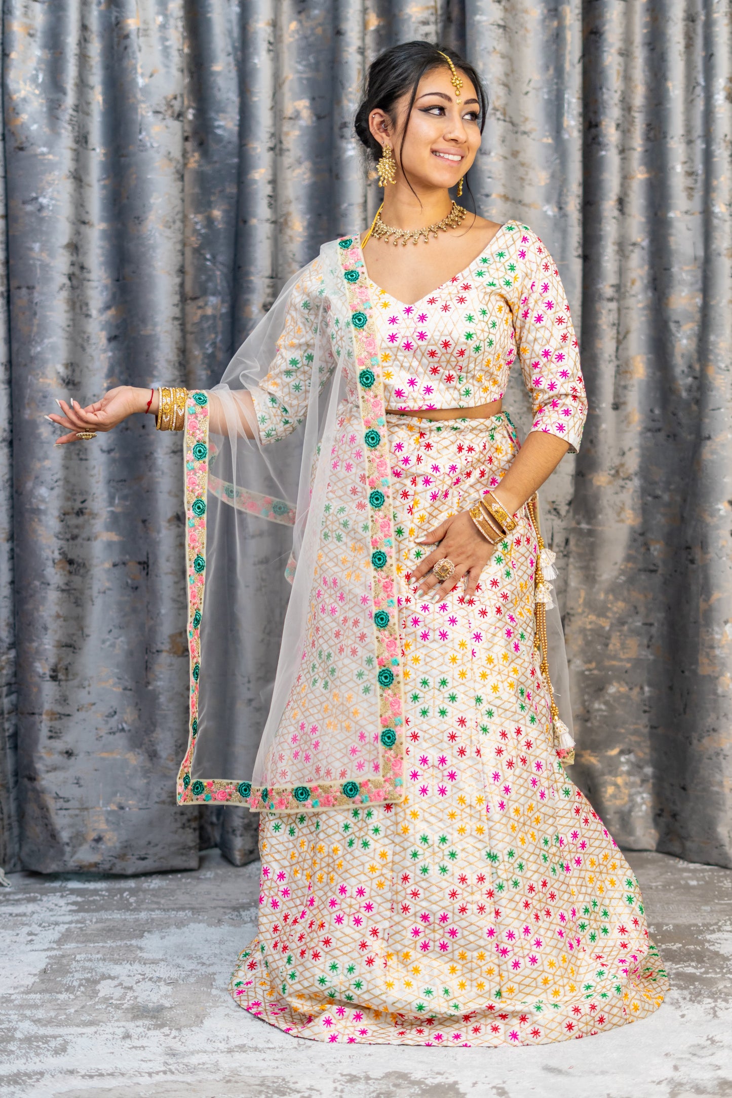 White Colourful Cotton Lehenga Set with Embroidery
