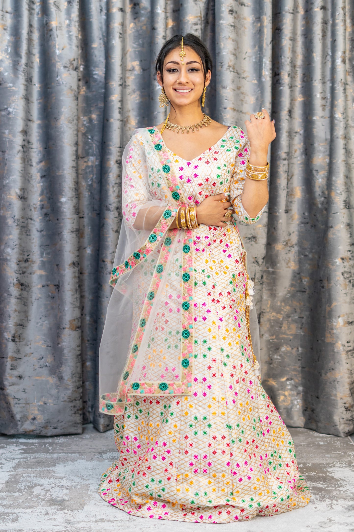 White Colourful Cotton Lehenga Set with Embroidery
