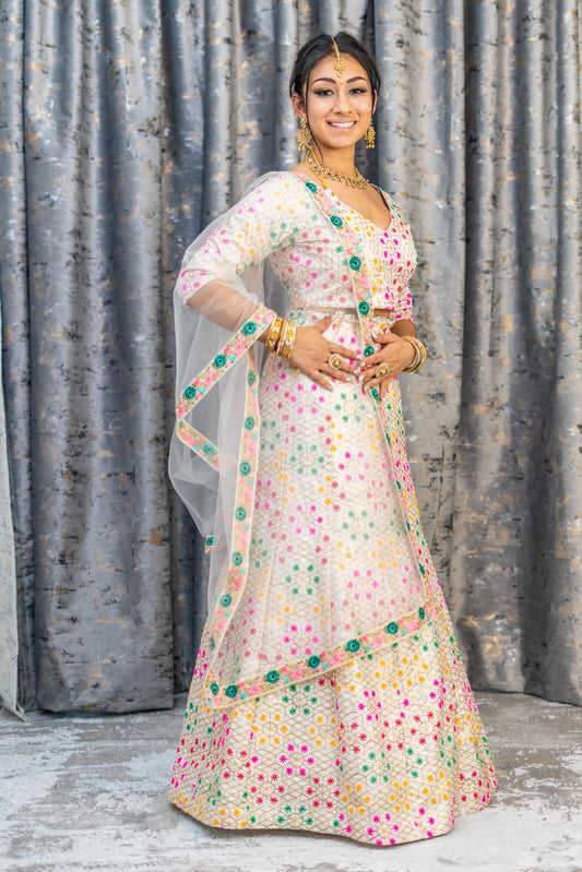 White Colourful Cotton Lehenga Set with Embroidery