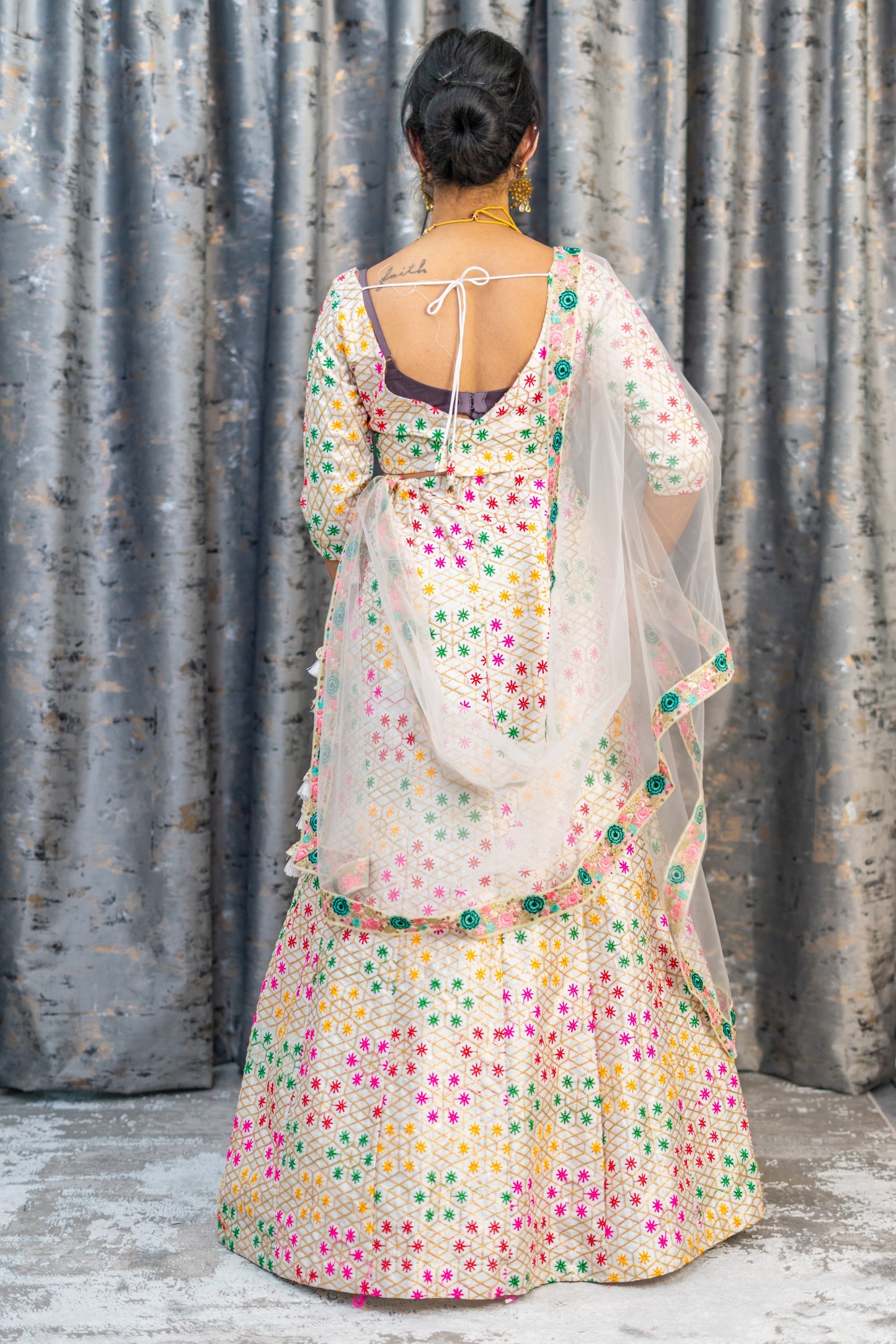 White Colourful Cotton Lehenga Set with Embroidery