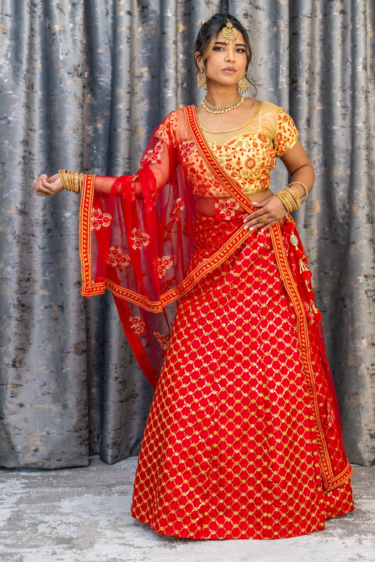 Red Brocade Lehenga Set with Embroidery
