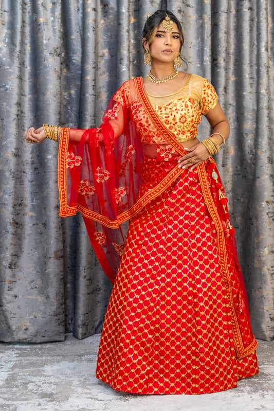 Red Brocade Lehenga Set with Embroidery