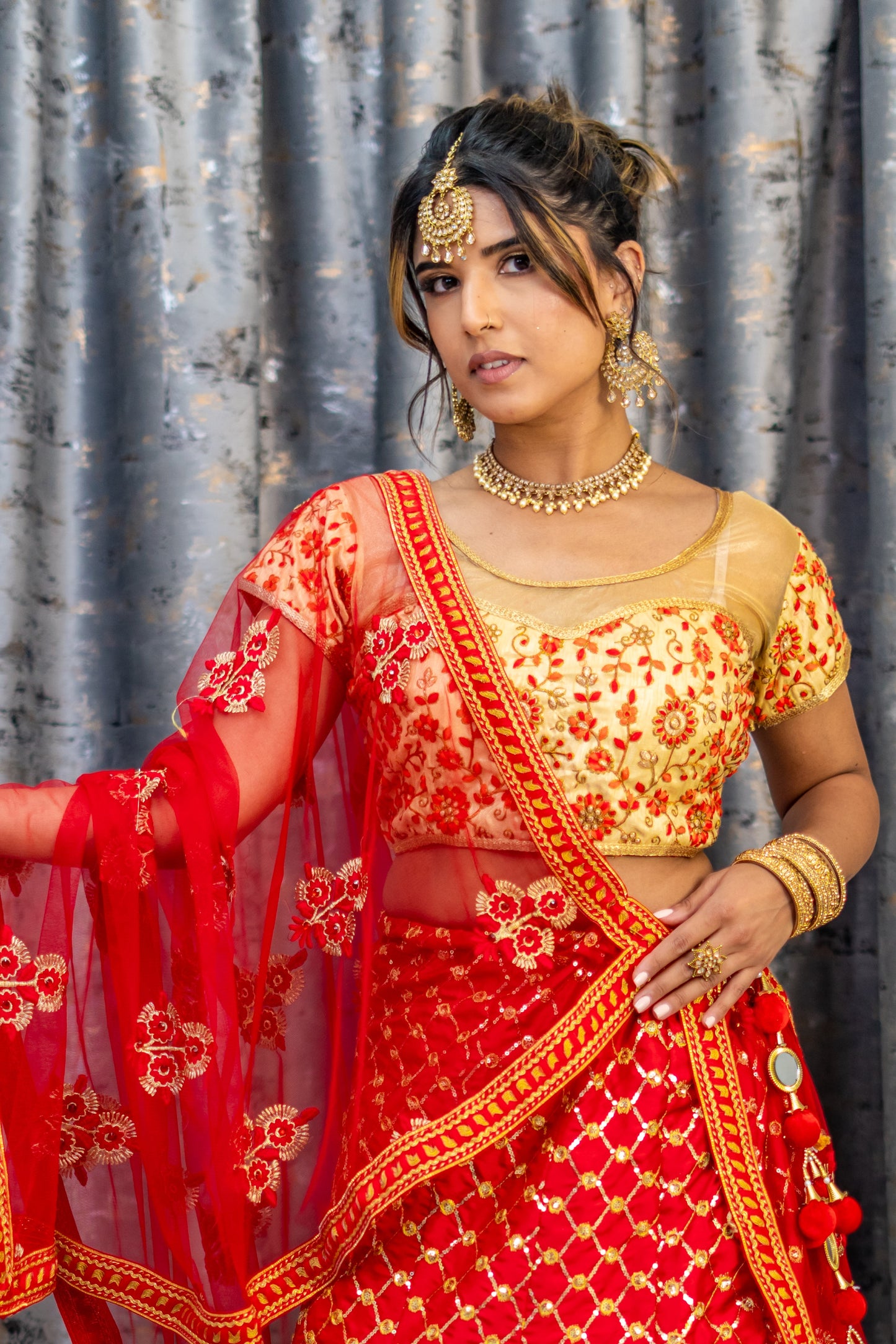 Red Brocade Lehenga Set with Embroidery