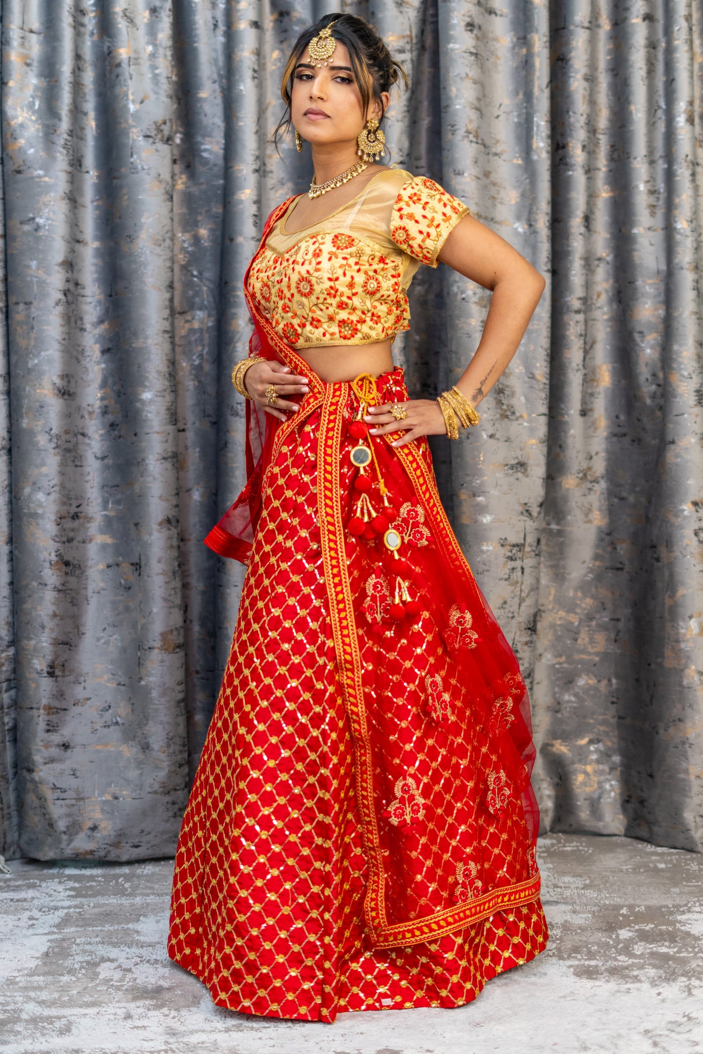 Red Brocade Lehenga Set with Embroidery