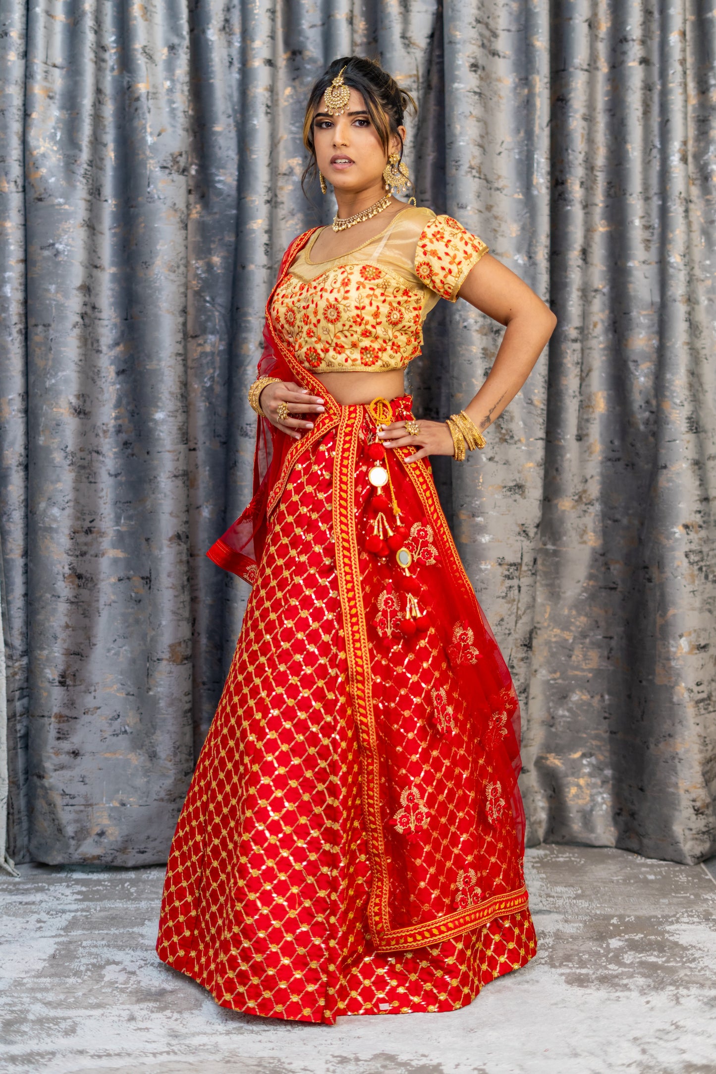 Red Brocade Lehenga Set with Embroidery