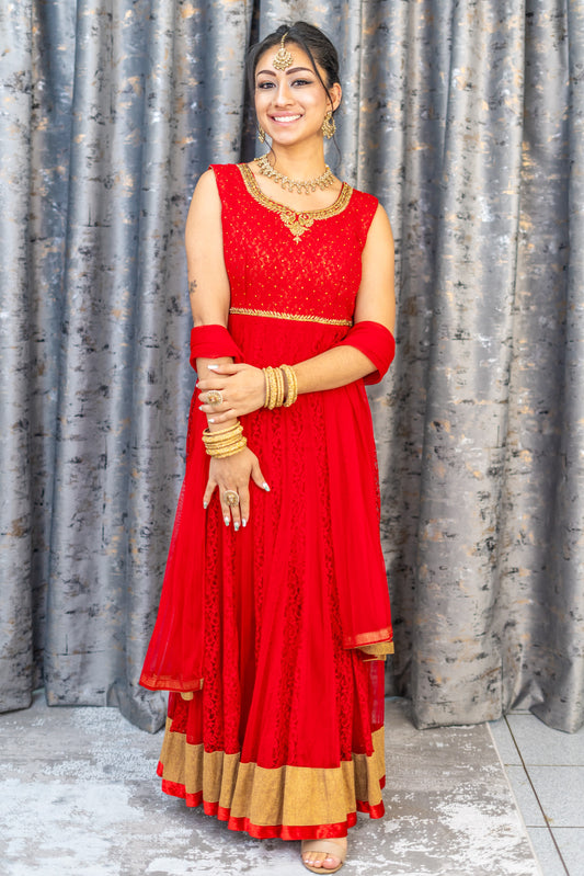 Red Net Punjabi Set with Gold Swarovski Stones