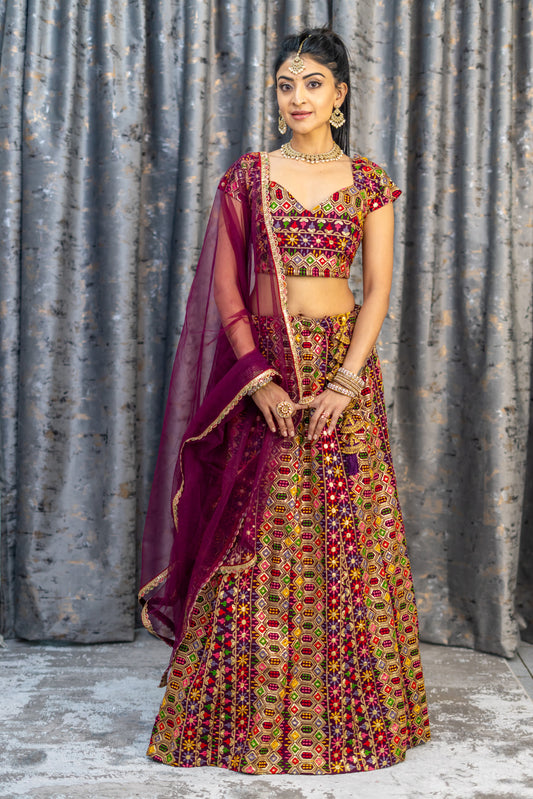 Maroon Colourful Cotton Lehenga Set with Embroidery
