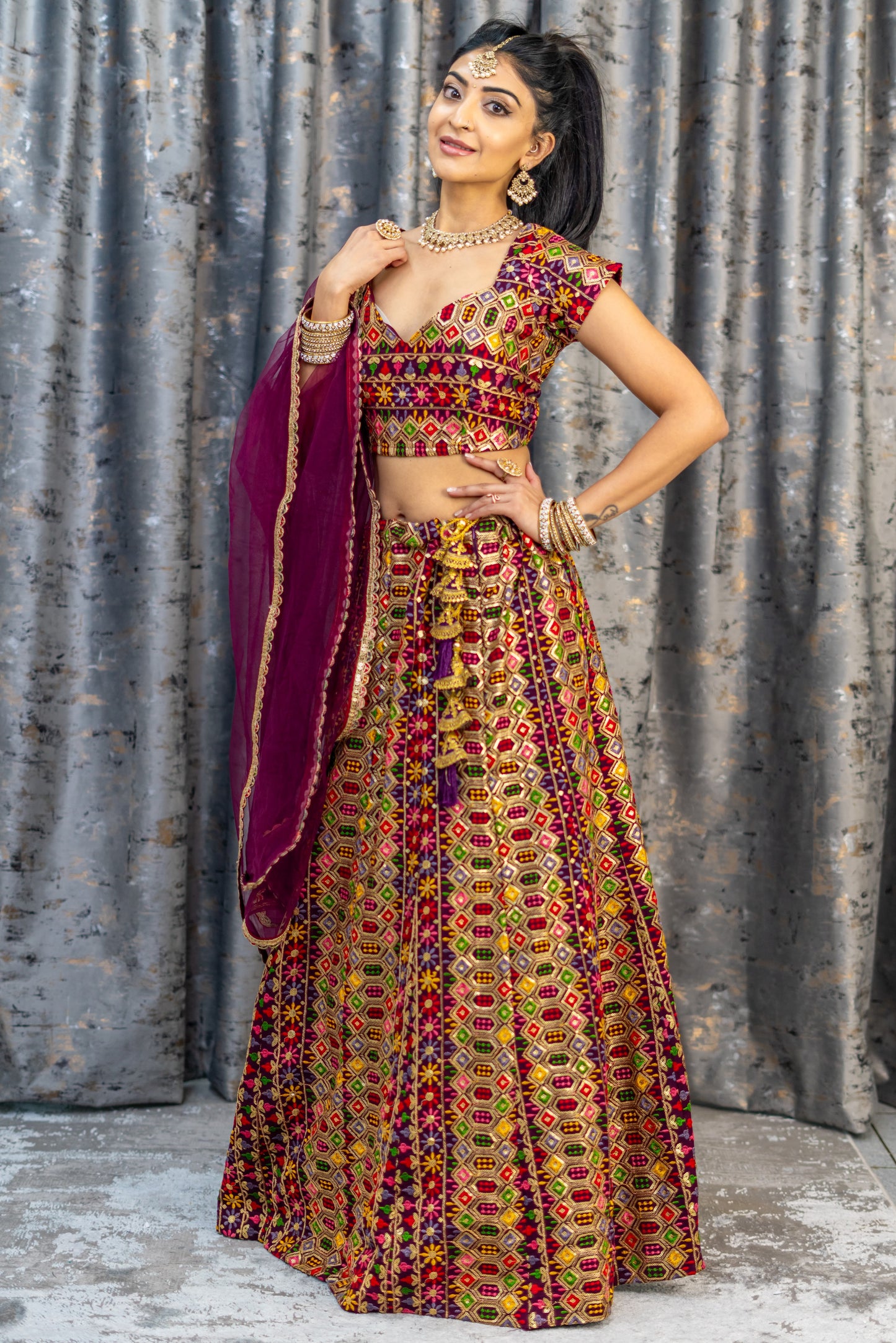 Maroon Colourful Cotton Lehenga Set with Embroidery