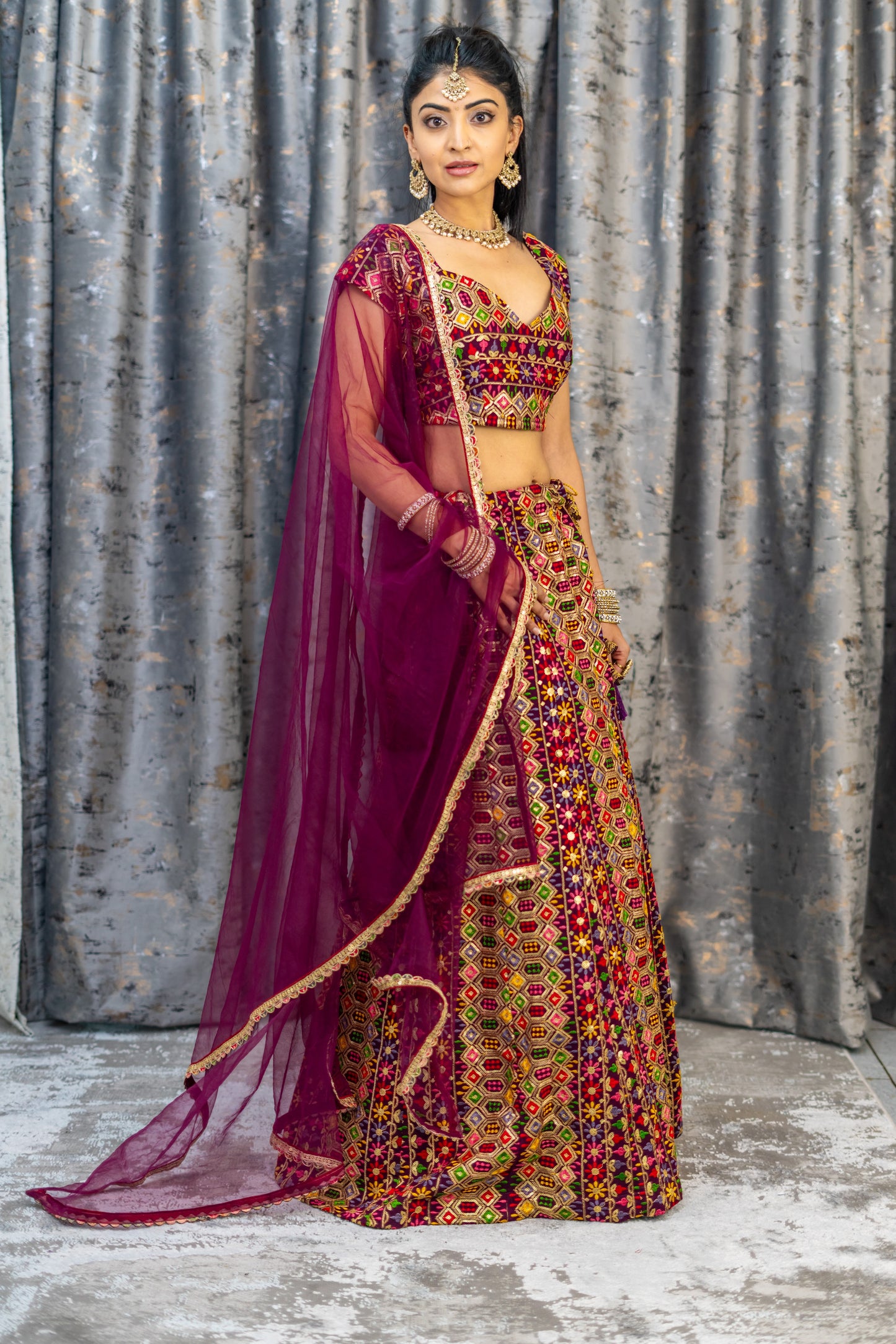 Maroon Colourful Cotton Lehenga Set with Embroidery