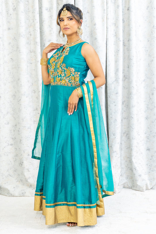 Teal Taffeta Silk Punjabi Set