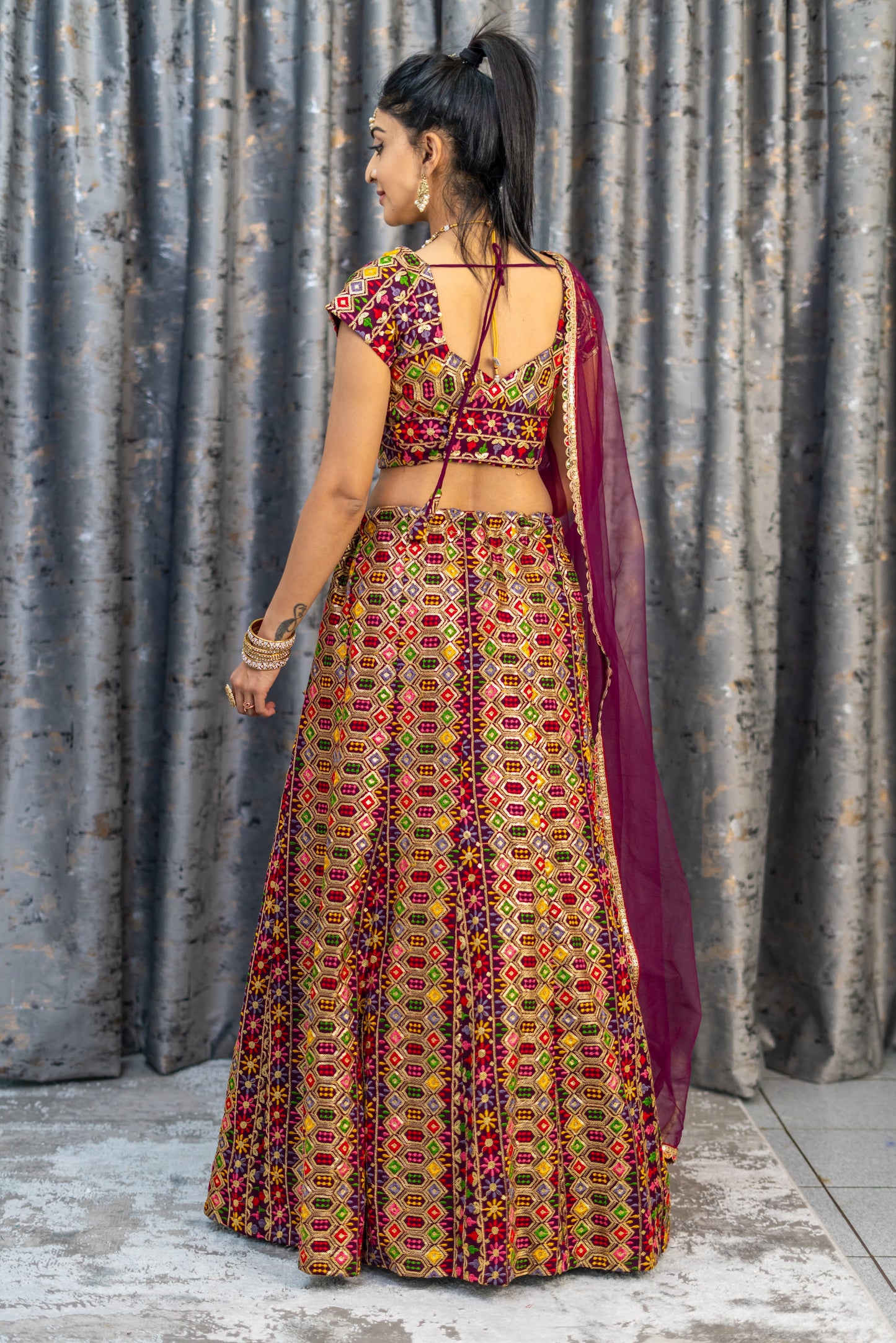 Maroon Colourful Cotton Lehenga Set with Embroidery