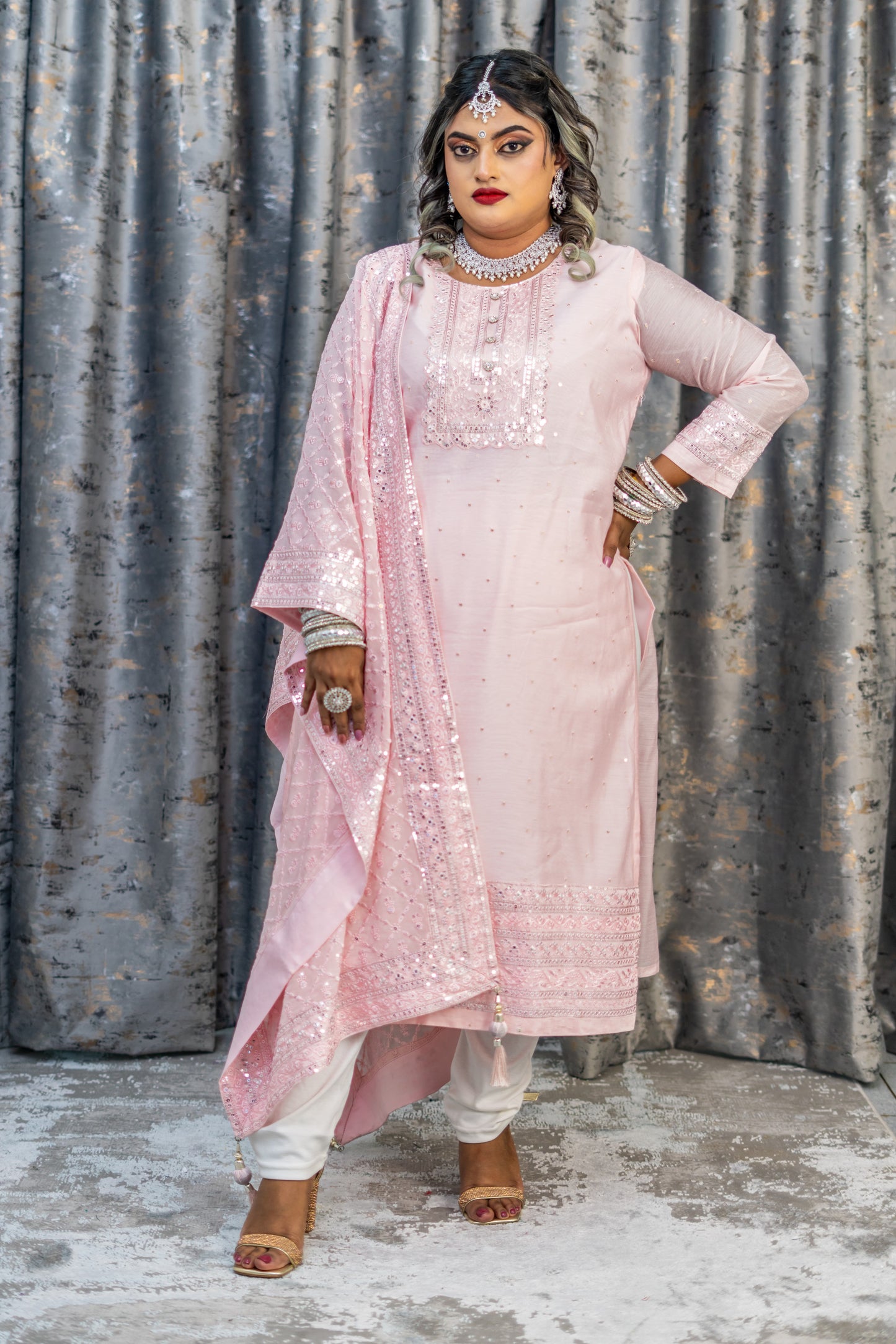 Pink Cotton Punjabi Set with Embroidery