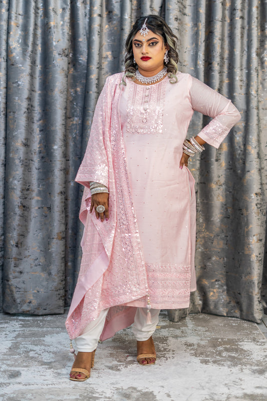 Pink Cotton Punjabi Set with Embroidery