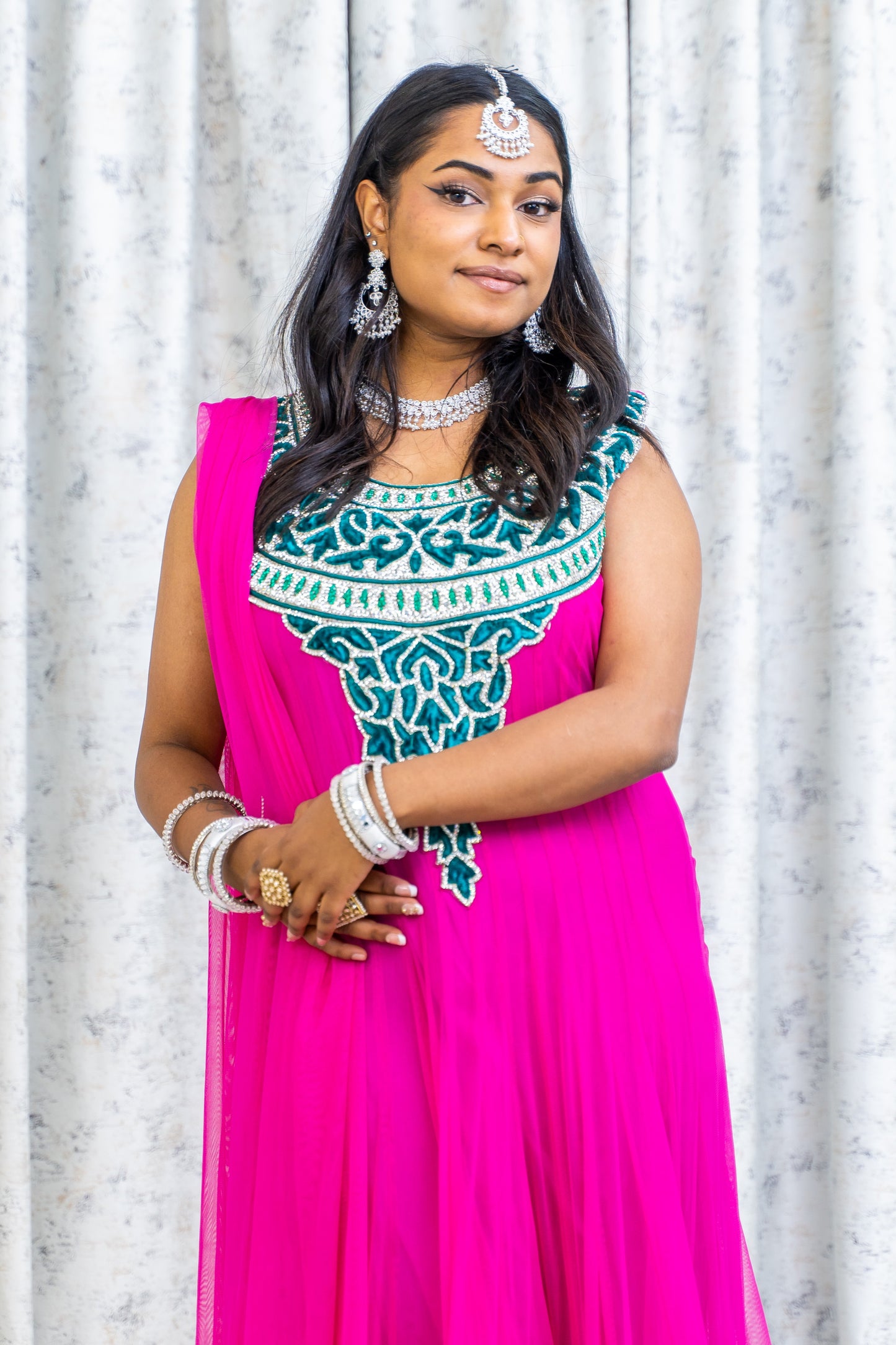 Pink Net Punjabi Set with Silver Swarovski Stone Work