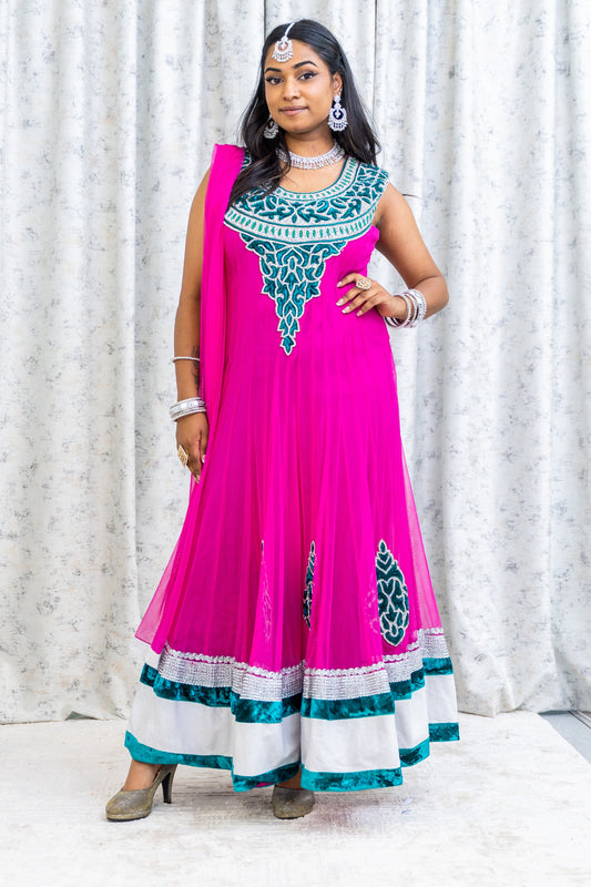 Pink Net Punjabi Set with Silver Swarovski Stone Work