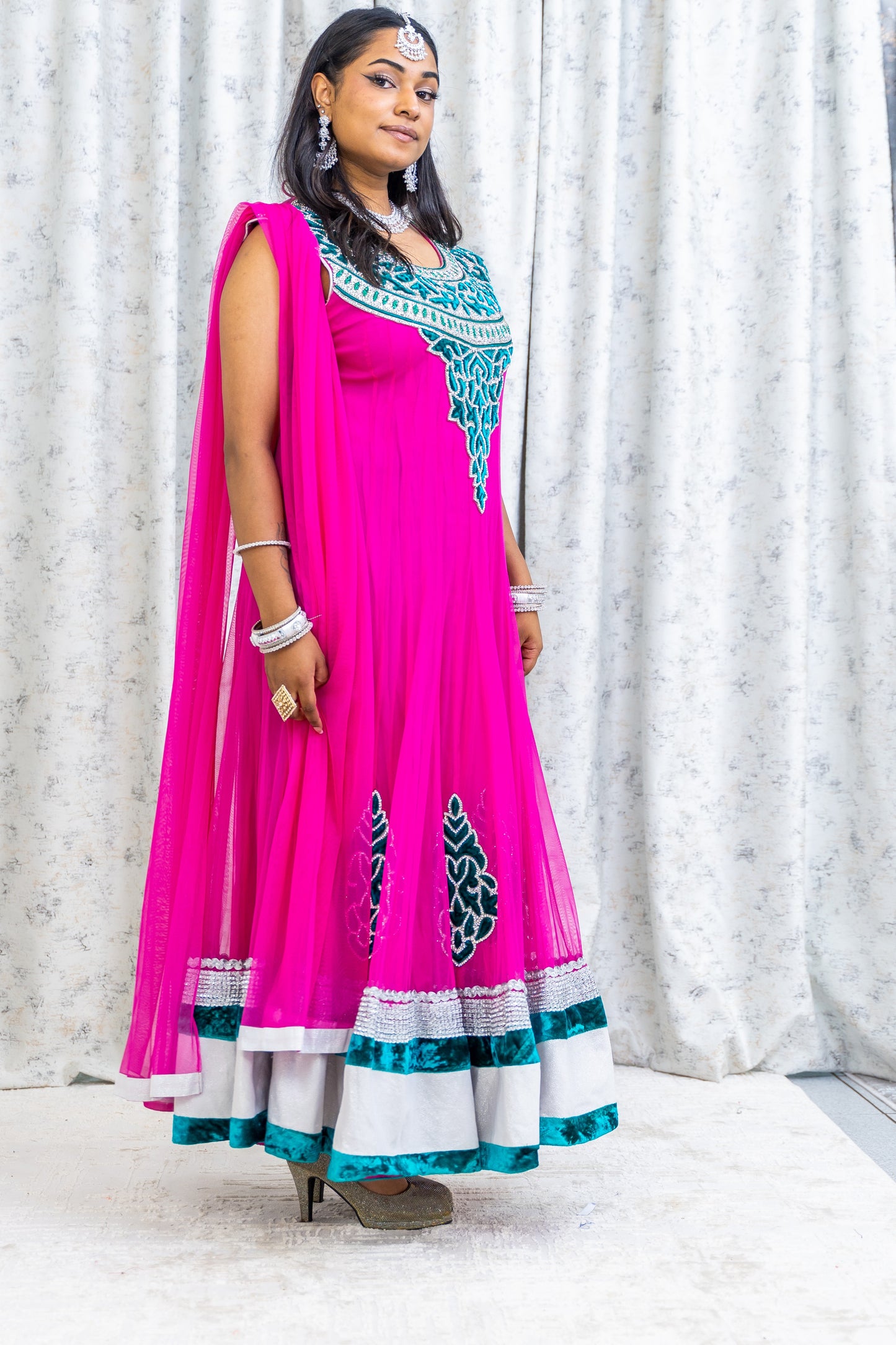 Pink Net Punjabi Set with Silver Swarovski Stone Work