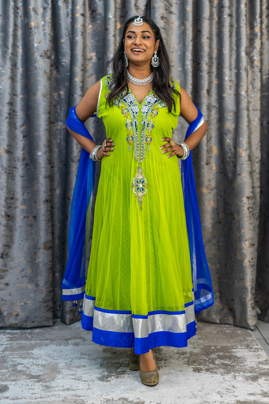 Green Net Punjabi Set with Swarovski Stone Work