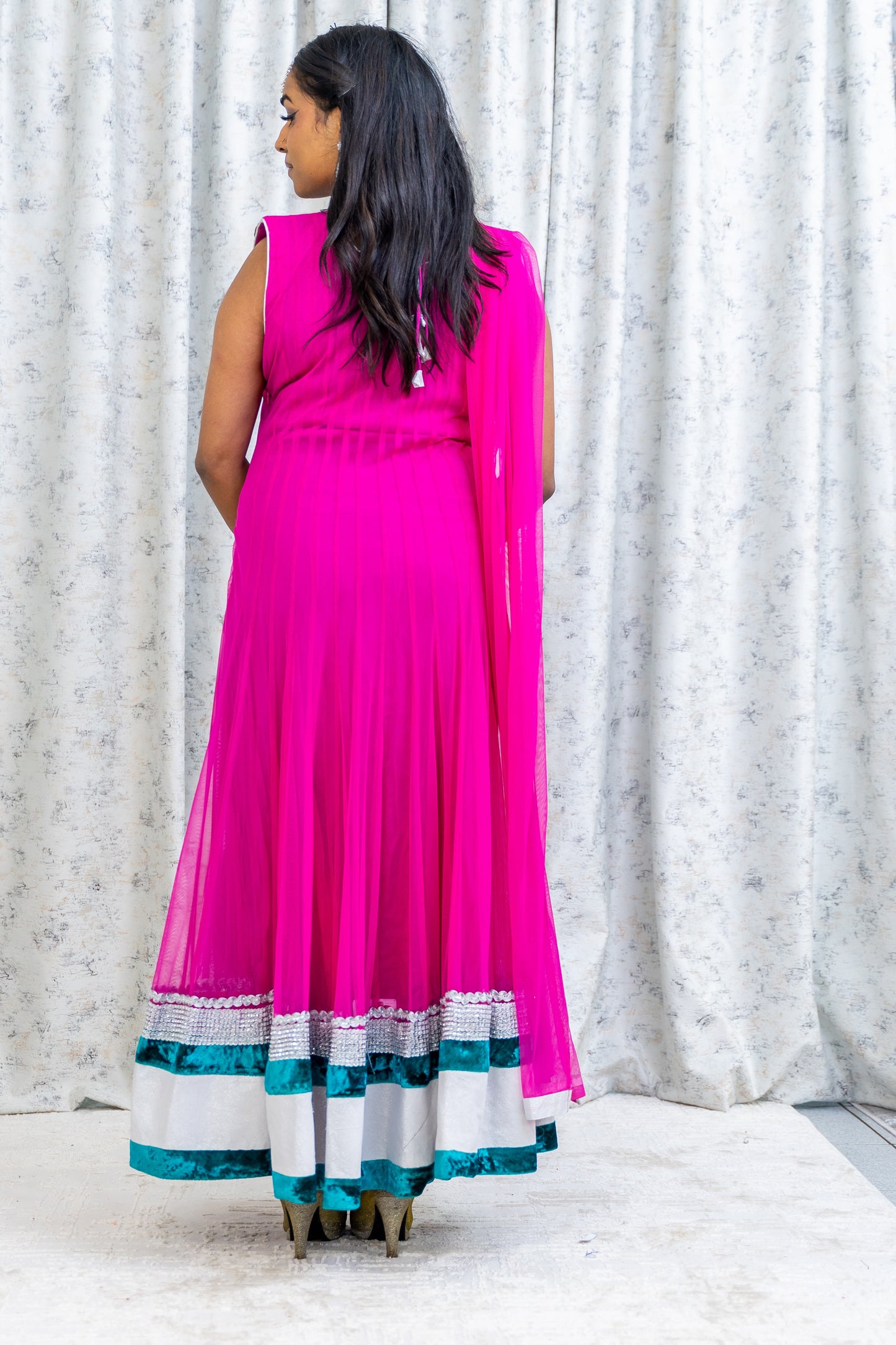 Pink Net Punjabi Set with Silver Swarovski Stone Work