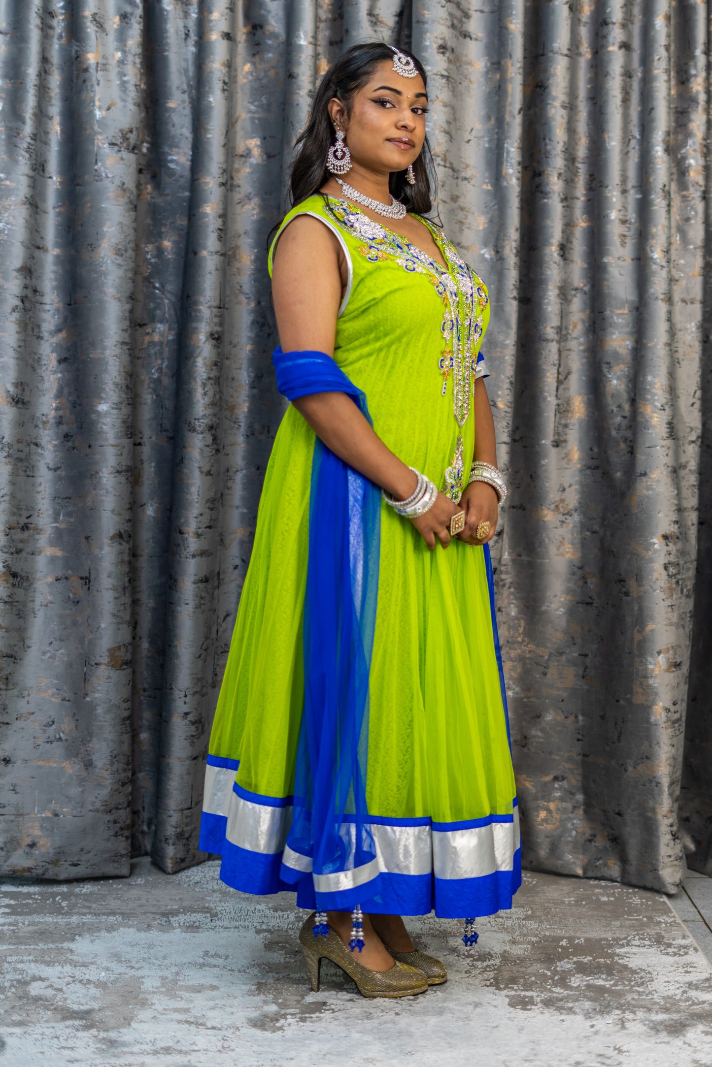 Green Net Punjabi Set with Swarovski Stone Work