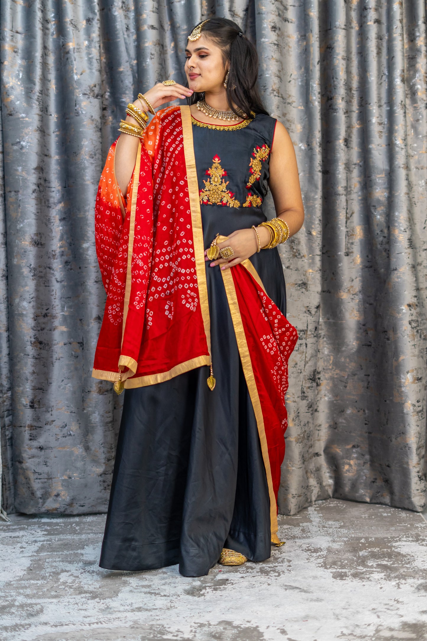 Black Cotton Punjabi Set with Contrast Dupatta