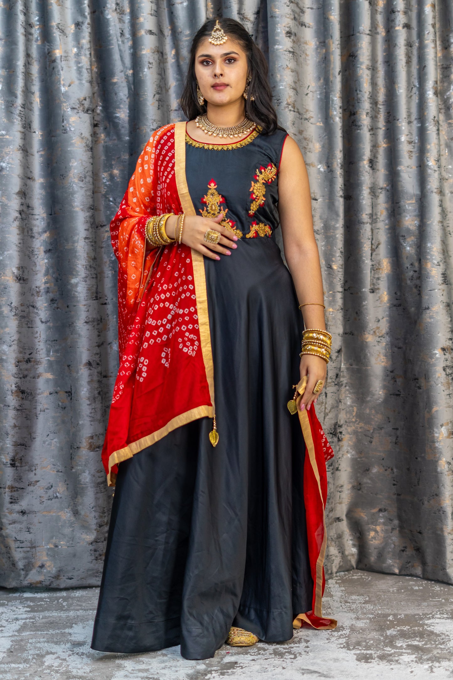 Black Cotton Punjabi Set with Contrast Dupatta