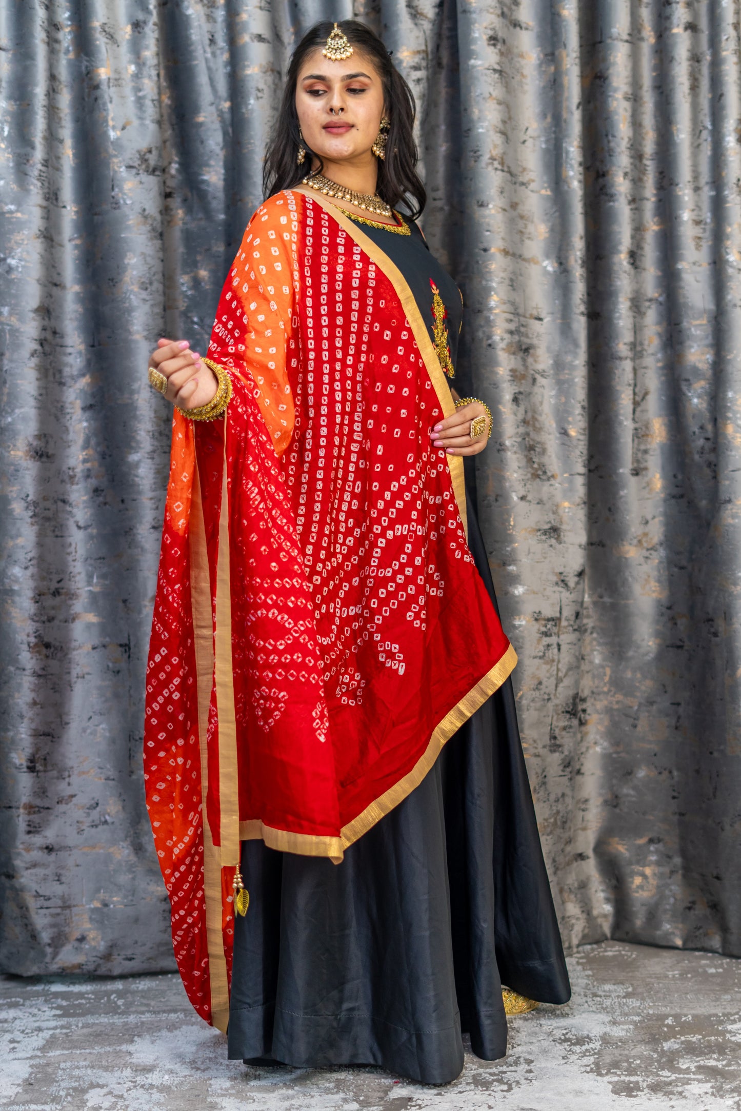 Black Cotton Punjabi Set with Contrast Dupatta