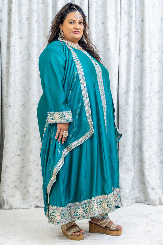 Teal Cotton Punjabi Set with Embroidery