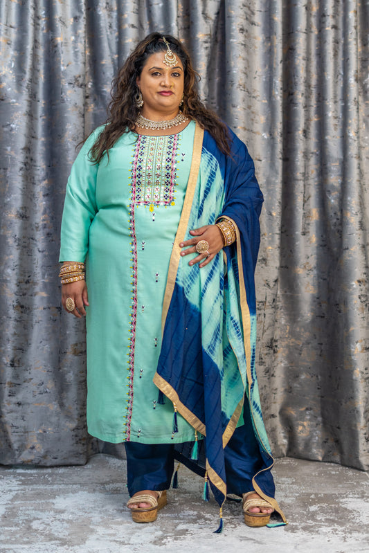 Teal Cotton Punjabi Set with Embroidery