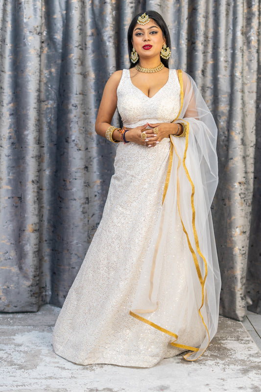 White Cotton Lehenga Set with Embroidery