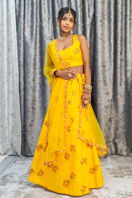 Yellow Colourful Cotton Lehenga Set with Floral Embroidery