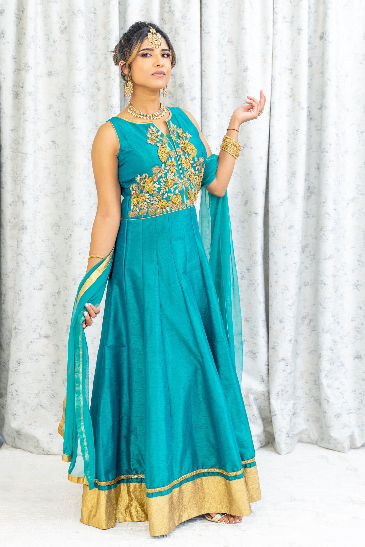 Teal Taffeta Silk Punjabi Set