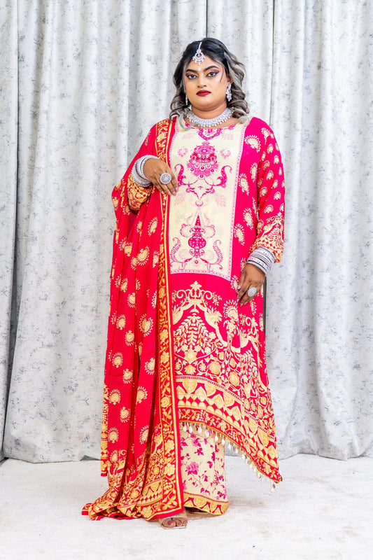 Pink Printed Chinon Silk Punjabi Set