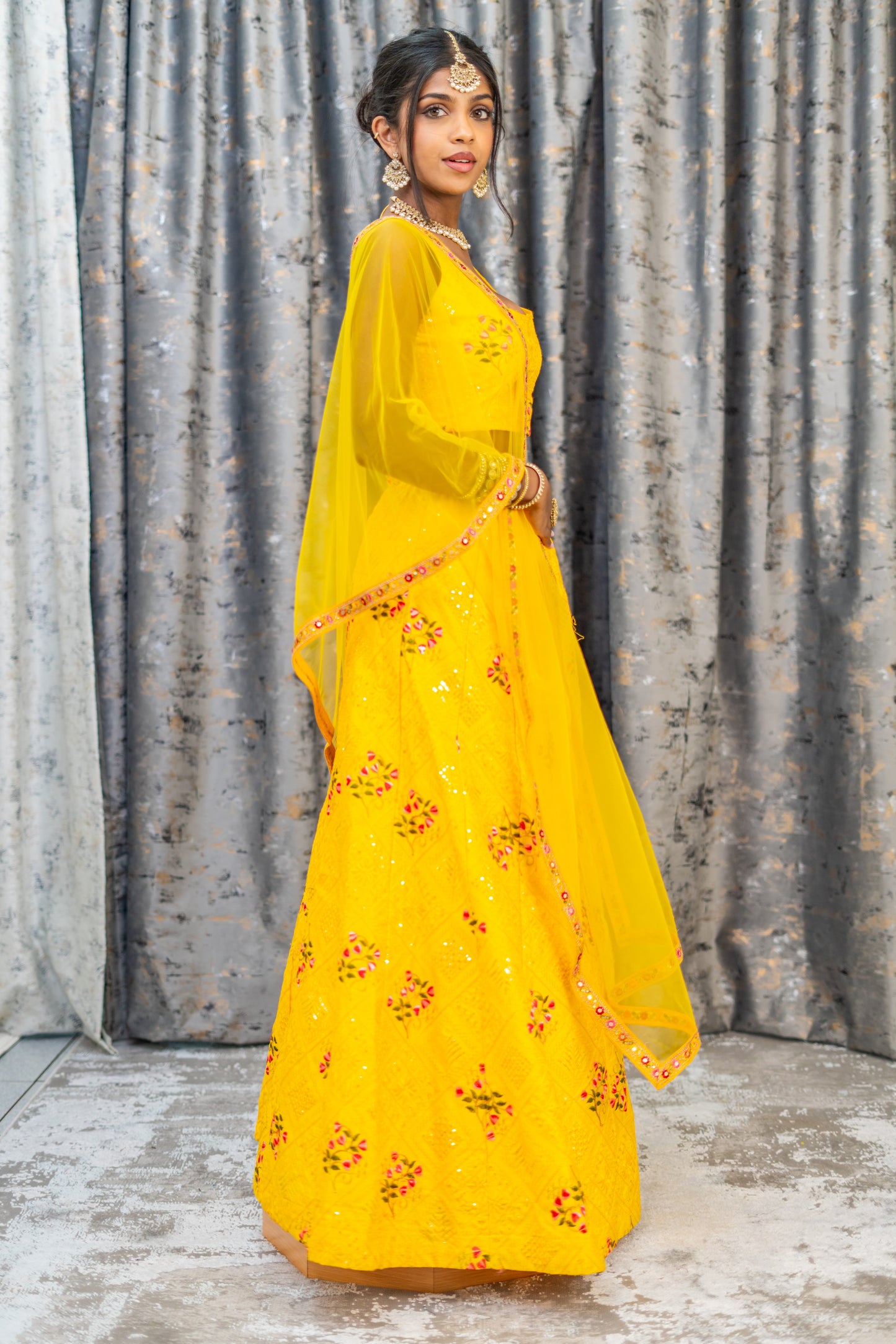 Yellow Colourful Cotton Lehenga Set with Floral Embroidery