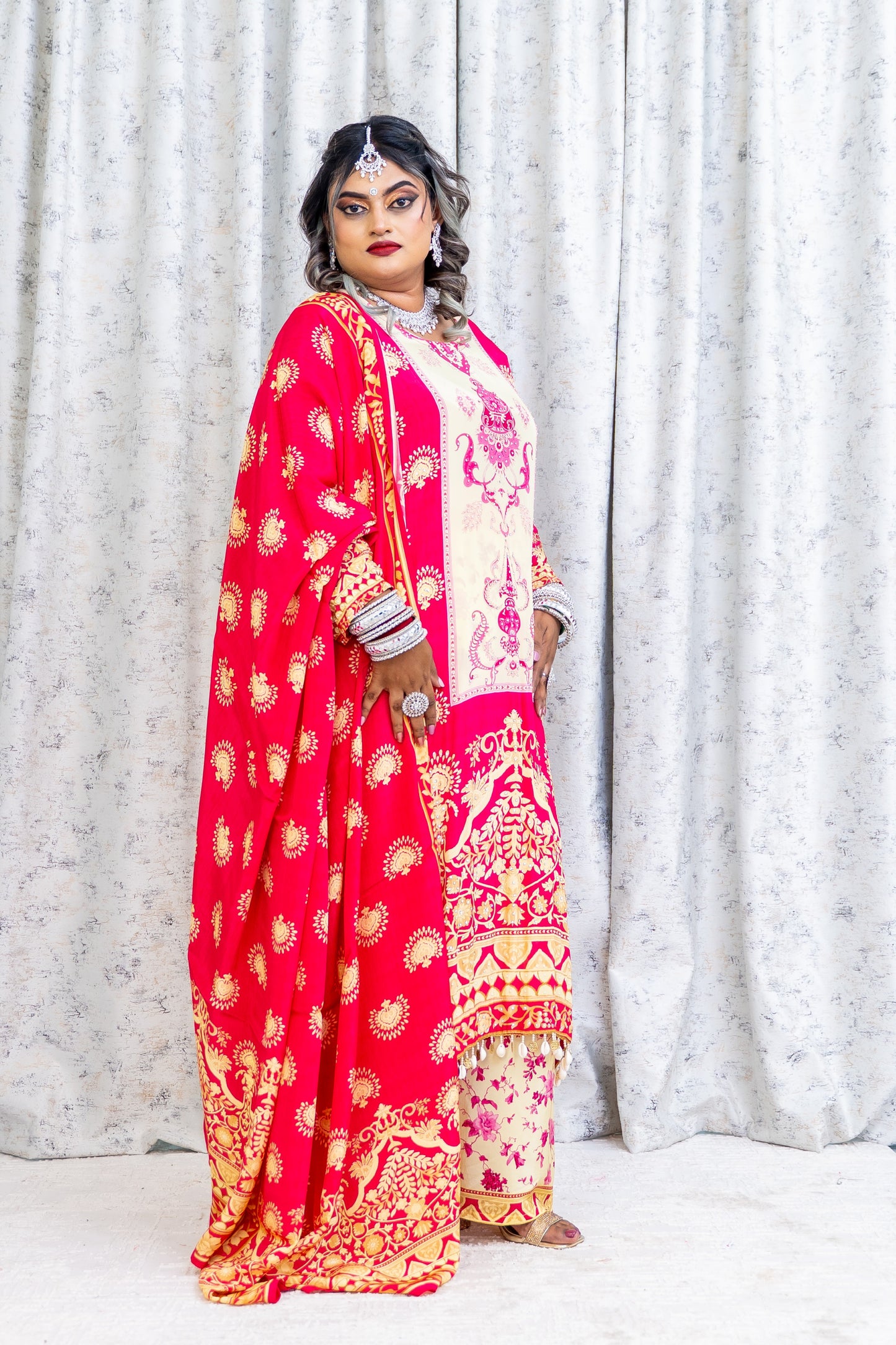 Pink Printed Chinon Silk Punjabi Set