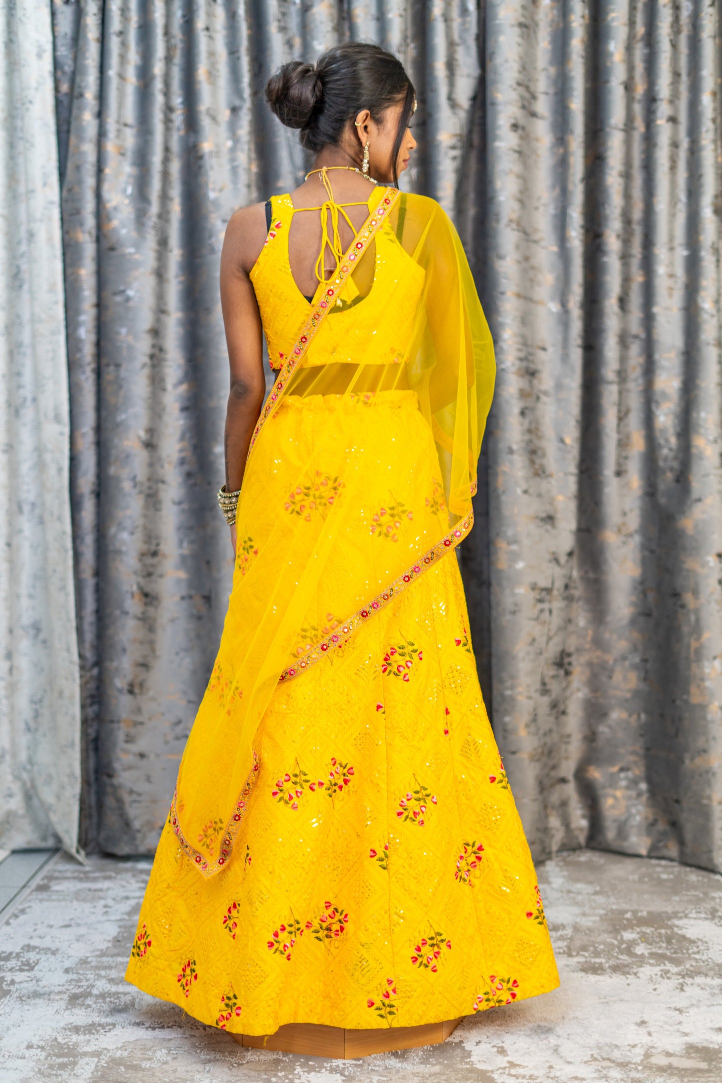 Yellow Colourful Cotton Lehenga Set with Floral Embroidery