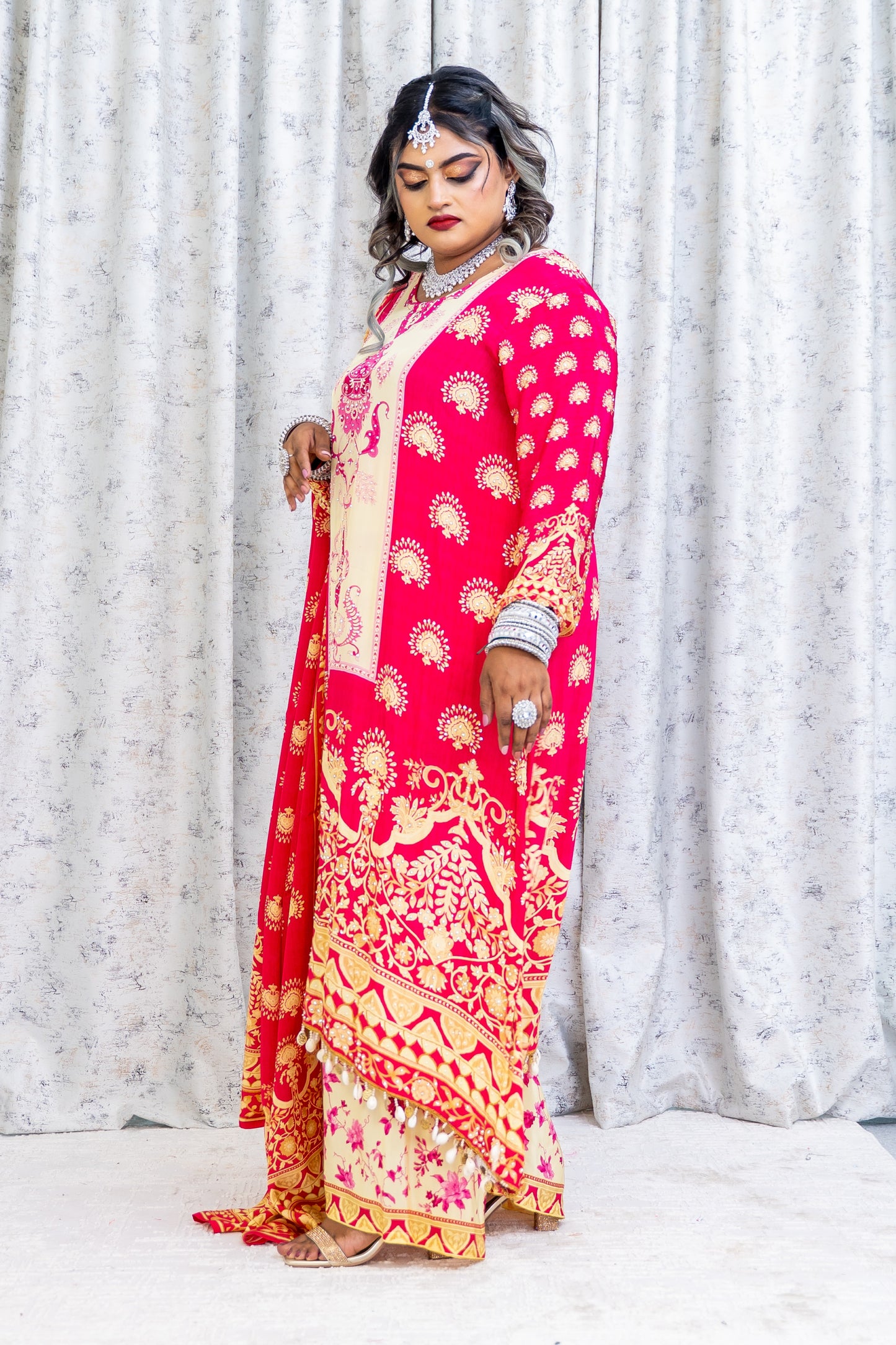Pink Printed Chinon Silk Punjabi Set