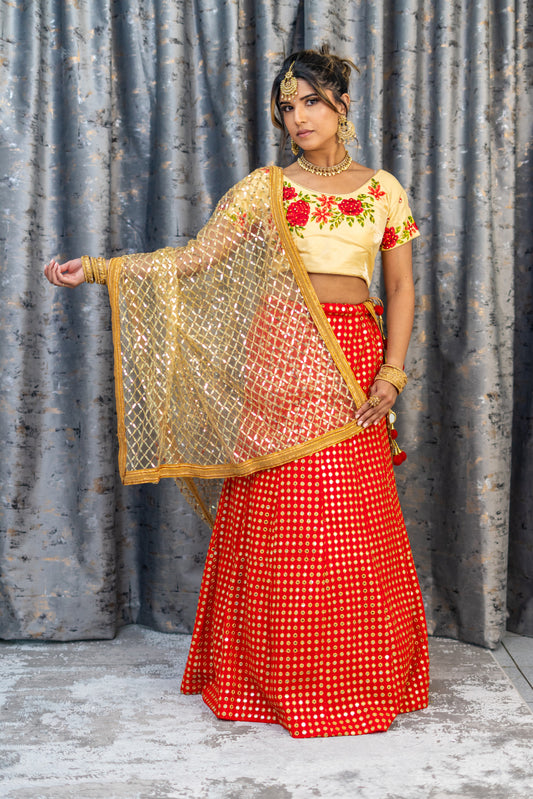 Red Embroidered Foil Ablah Lehenga