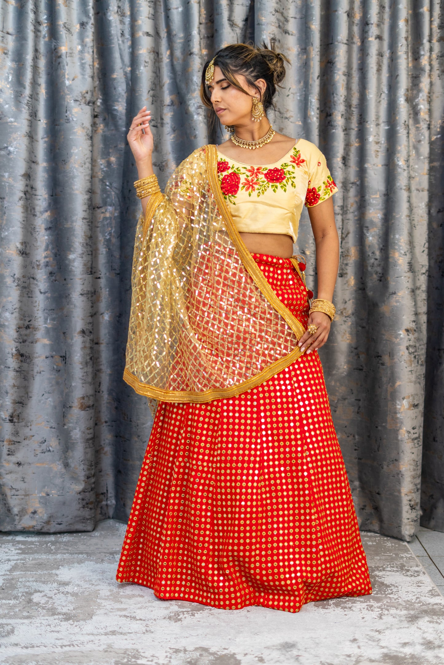 Red Embroidered Foil Ablah Lehenga