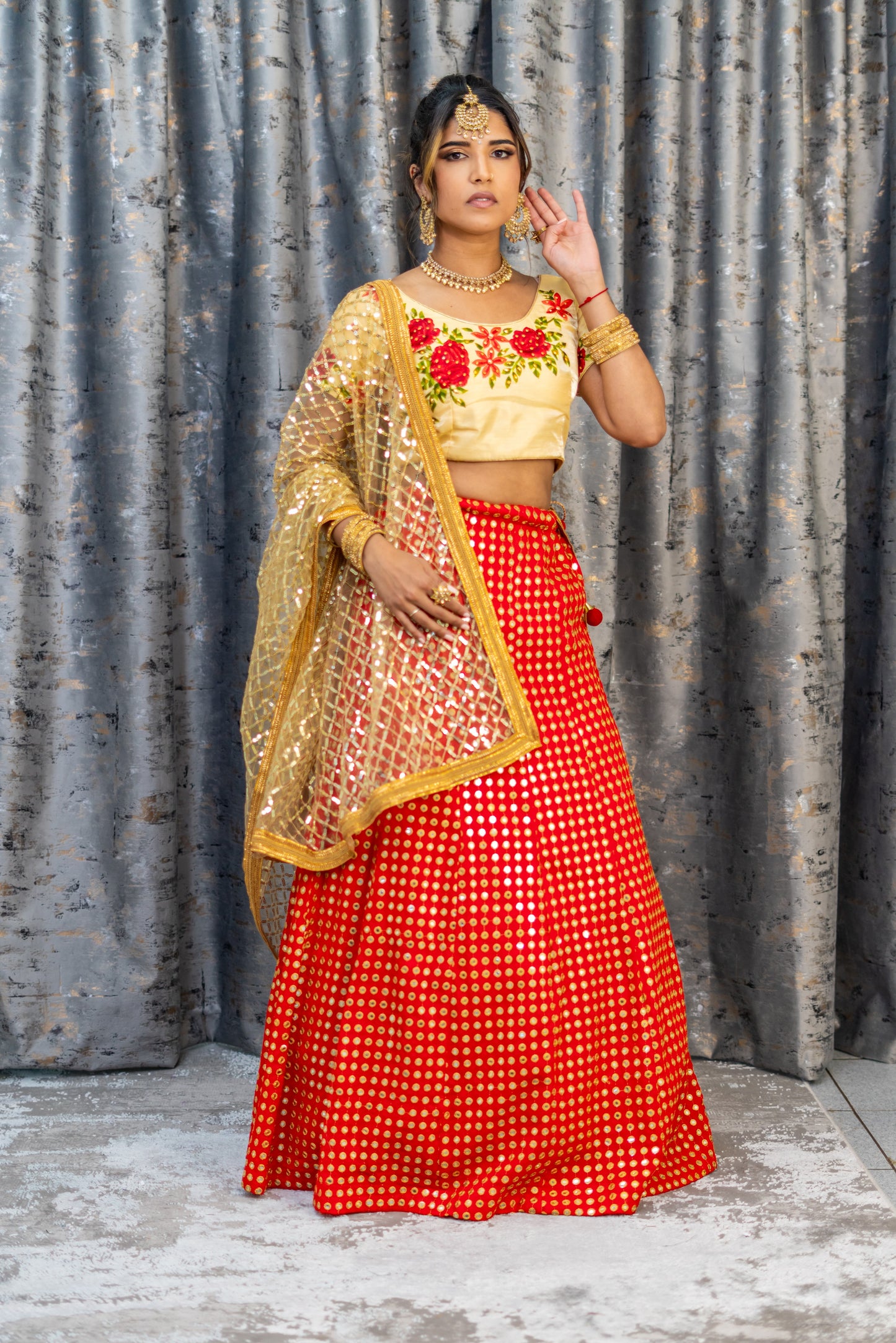 Red Embroidered Foil Ablah Lehenga