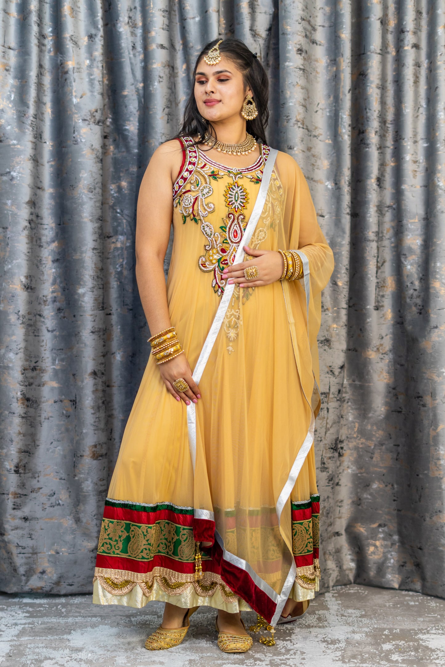 Beige Net Punjabi Set with Swarovski Stone Work