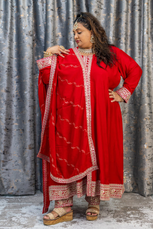 Red Cotton Punjabi Set with Embroidery