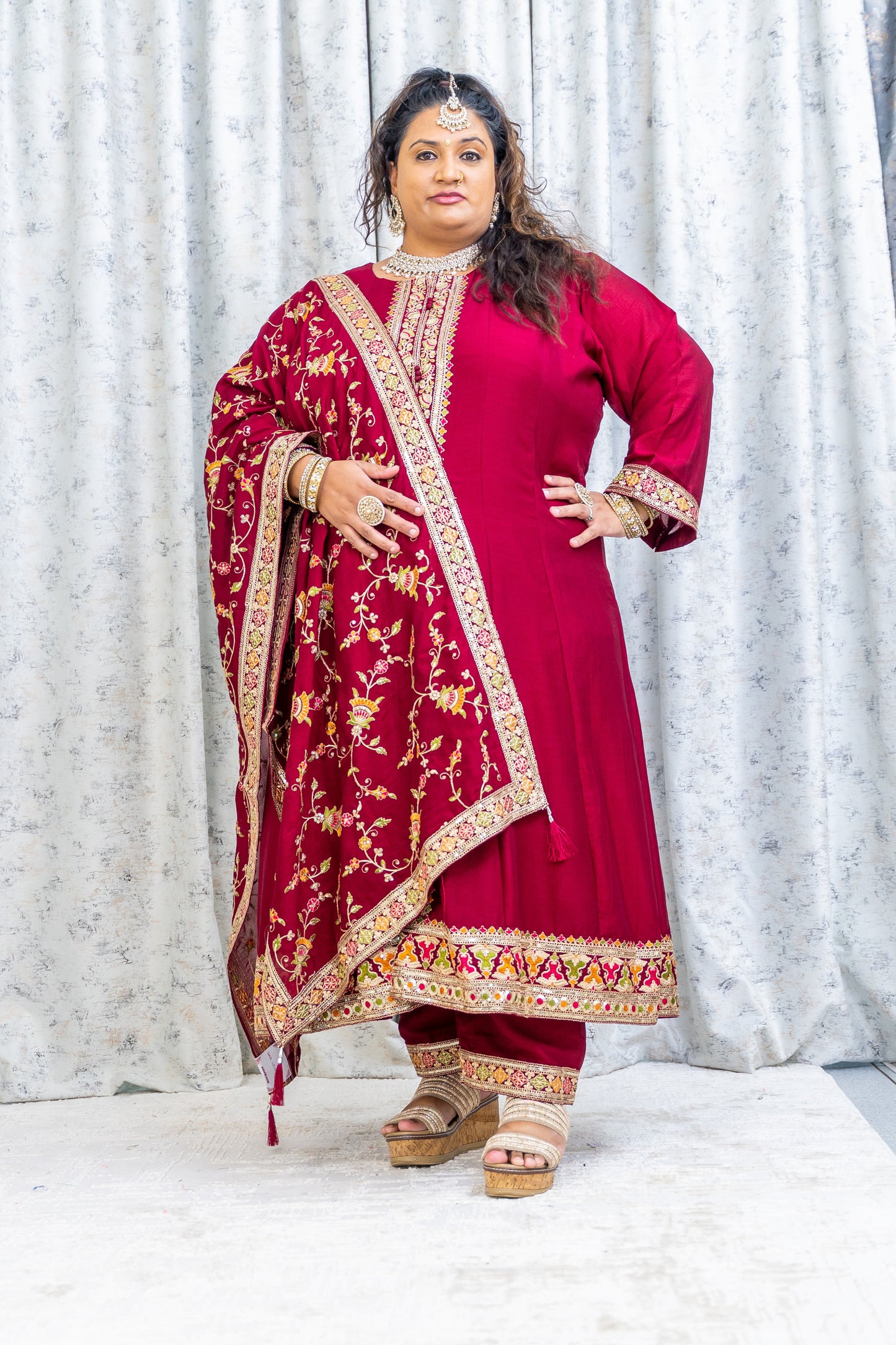 Maroon Cotton Punjabi Set with Embroidery