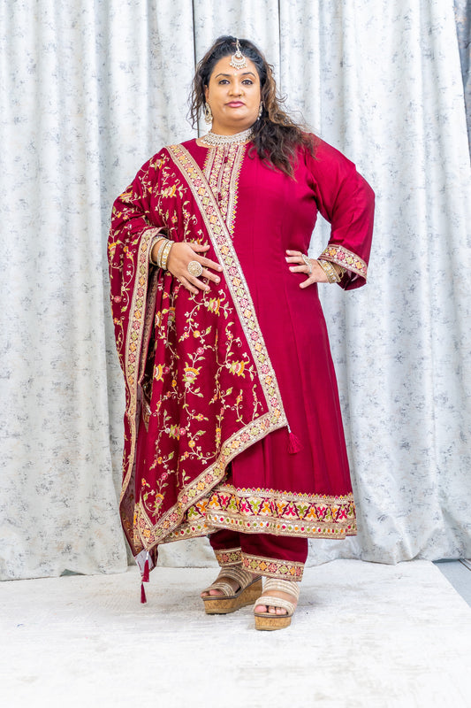 Maroon Cotton Punjabi Set with Embroidery