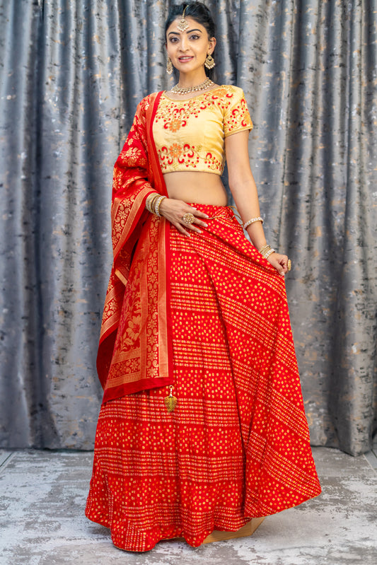 Red Chiffon Bandhani Print Lehenga Set