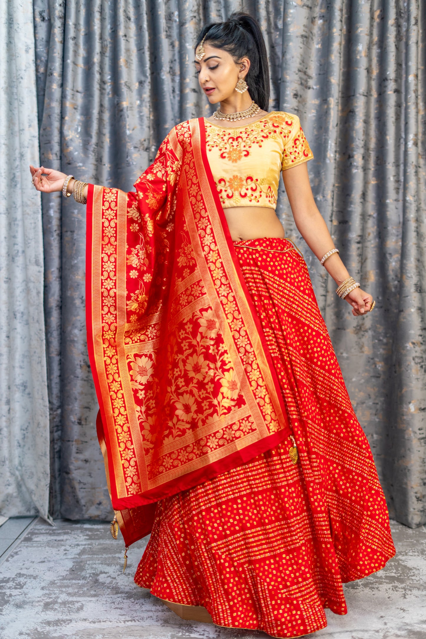 Red Chiffon Bandhani Print Lehenga Set
