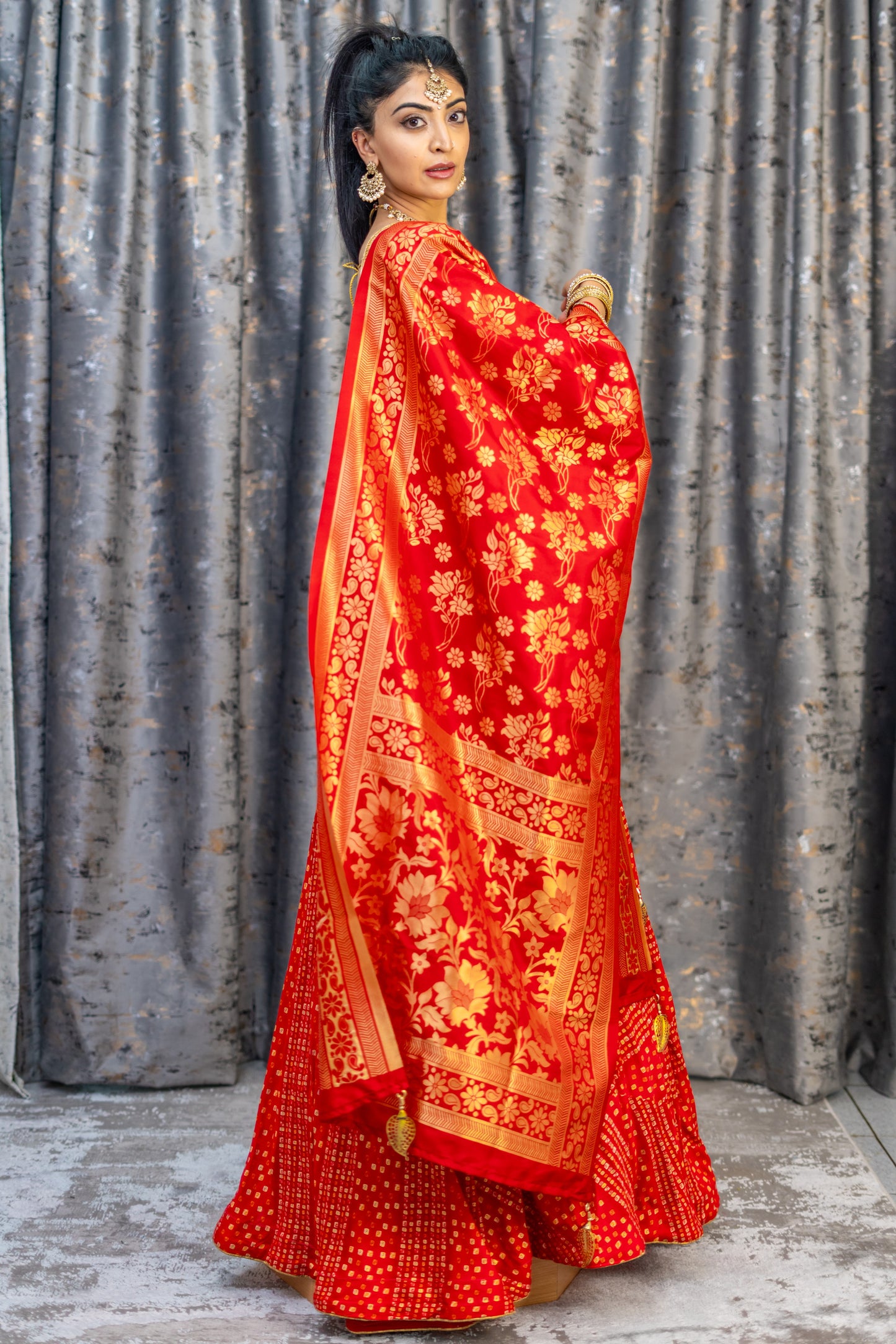 Red Chiffon Bandhani Print Lehenga Set