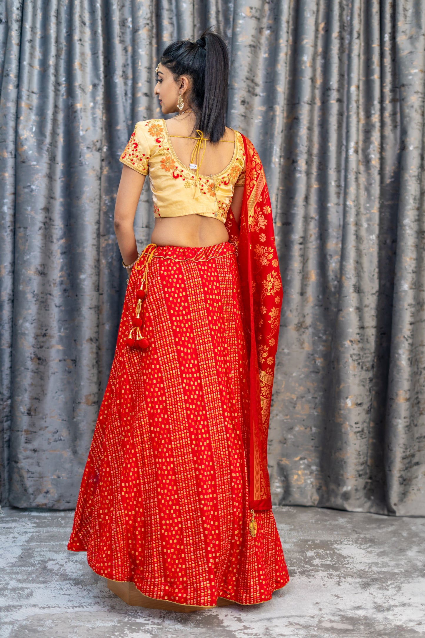 Red Chiffon Bandhani Print Lehenga Set